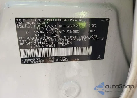 2015 Toyota Rav4 Xle from USA, damaged, VIN 2T3RFREV7FW306261